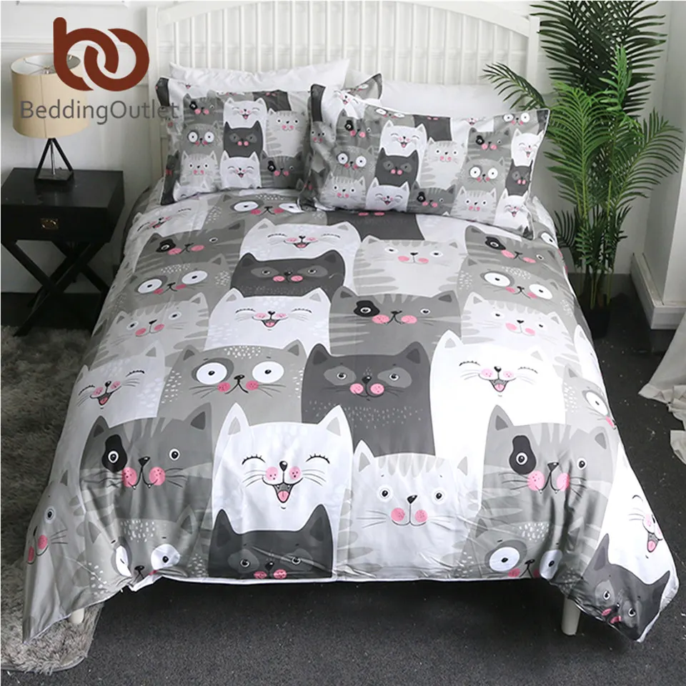 

BeddingOutlet Grey Cats Bedding Set for Kids Cartoon Animal Single Bed Set Cute Animal Duvet Cover White Home Bedclothes 3pcs