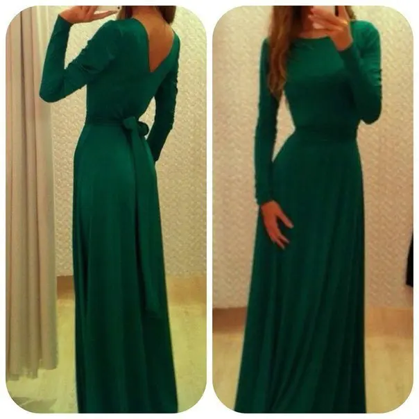 Free Shipping High Neckline A-line Modest Prom With Sash Long Sleeves Green Formal Bridesmaid Dresses