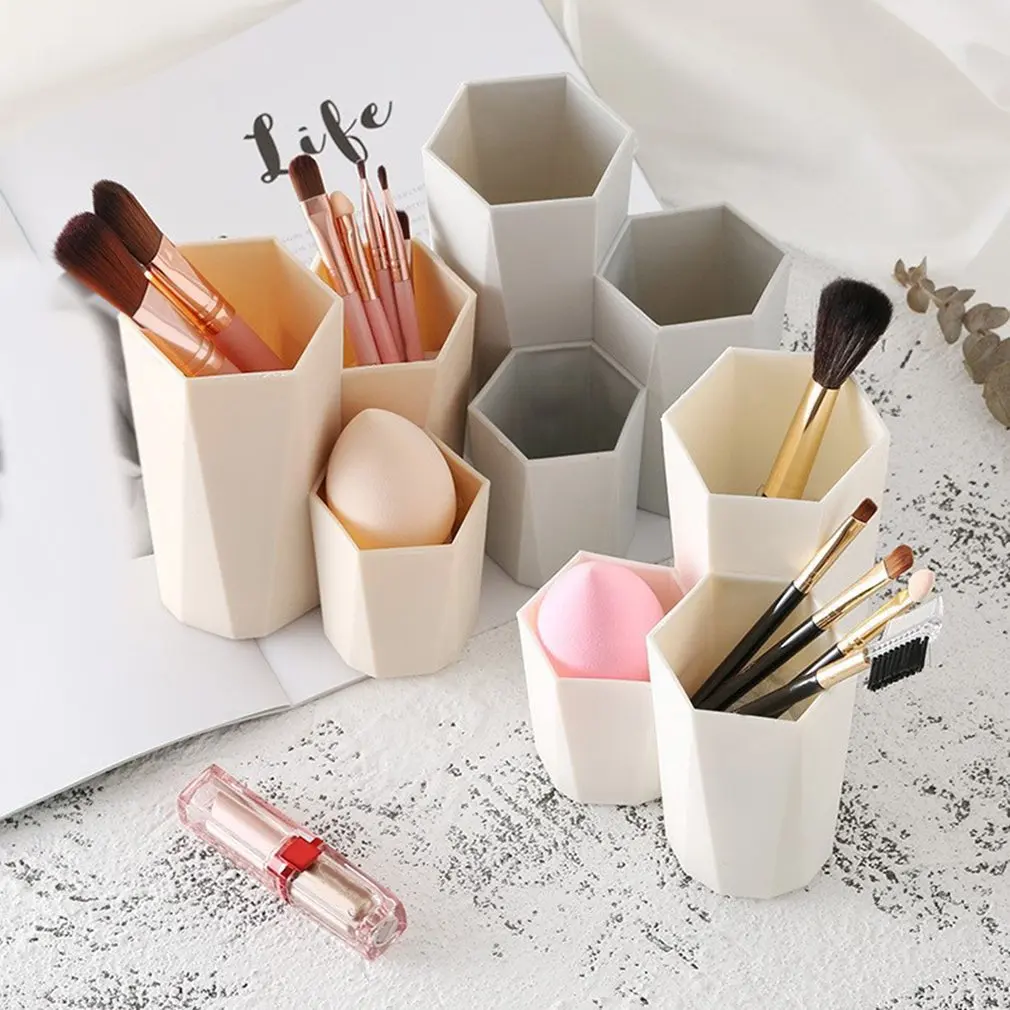 Hot Multi-Function Makeup Brush Holder Hexagon Storage Pencil Cup Container Pen Bucket Grey For Office Desktop Supplies Tidy