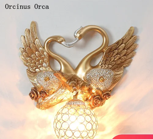 

European luxury golden swan crystal wall lamp living room background wall corridor American retro LED decorative wall lamp