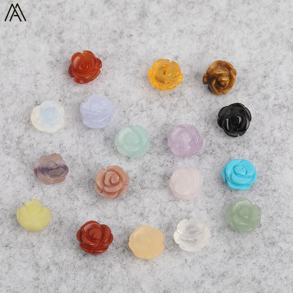 15pcs/lot 10mm Natural Agates Lapis Fluorite Stone Quartz Crystal Carved Rose Flower Shape Earring Beads For Jewelry DIY Making