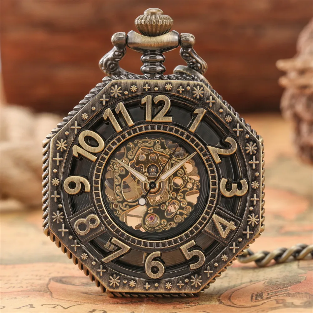 Octagon Förmigen Bronze Mechanische Handaufzug Taschenuhr Hohl Arabischen Ziffern Halb Hunter Vintage Dicke Kette Anhänger Uhr