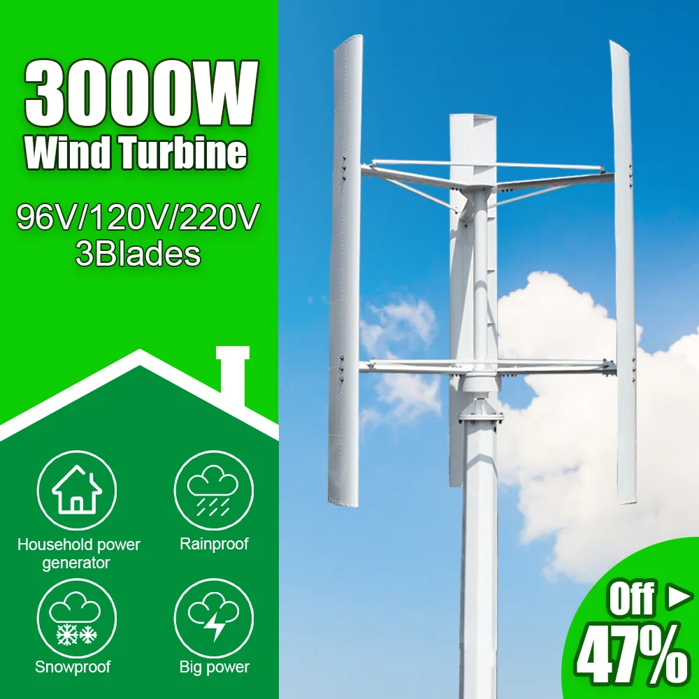 Vertical Axis 3000W 96V/120V/220V Wind Turbine Windmill Generator 3 Phases 50HZ 3 Blades No Noise For Home Farm Street Use