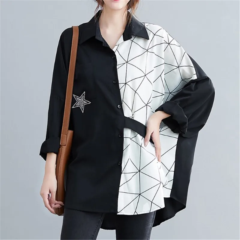 

Autumn 2020 New Women's Loose-Fitting Large-Size Blouse For Women's Belly Printed And Stitched Shirt To Show Slimming Long Sleev