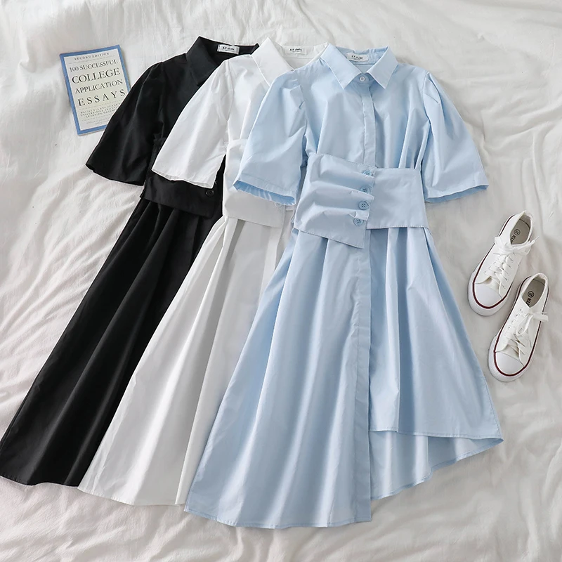 

Fashion Shirt Dress Women Short Sleeve Solid Irregular Shirt Dress With Elastic Belt 2Piece Set Office Lady Outfit Clothes