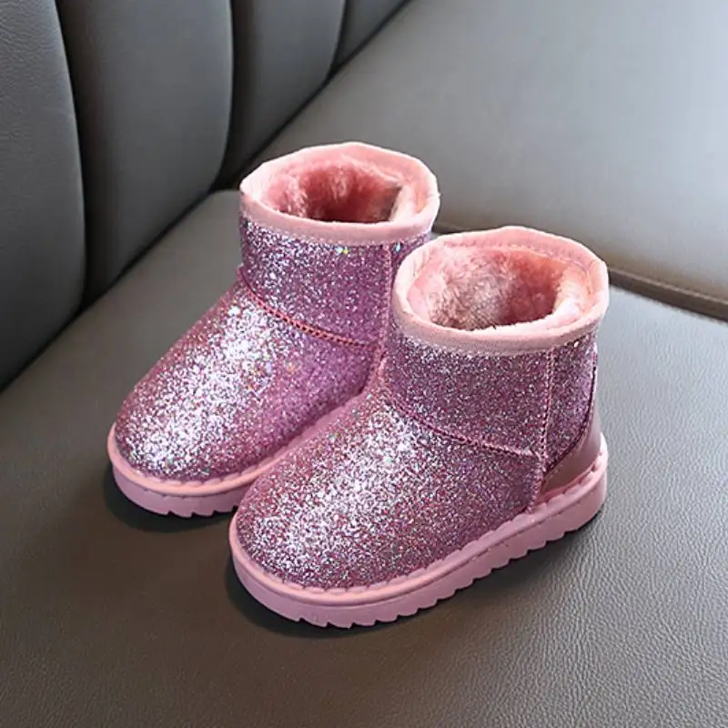 Children\'s Sequin Snow Boots Baby Girls Soft Princess Boots Thickened Plush Boots New Winter Warm Flat Kids Sport Shoes D984