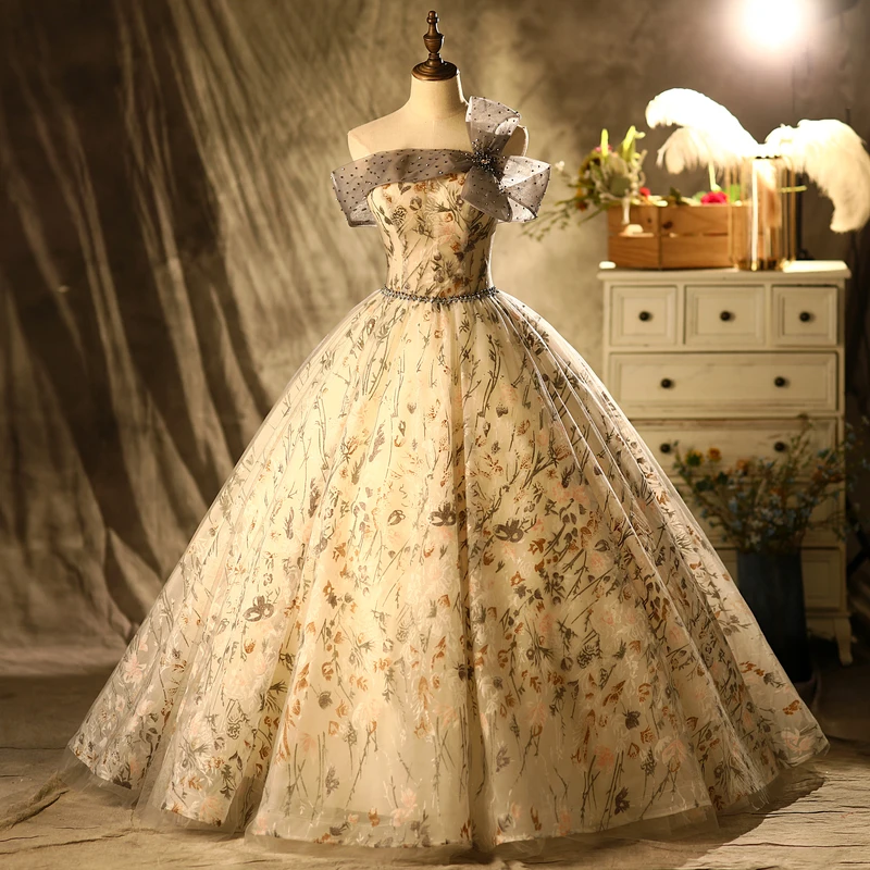 luxury bowknot beading veil slash collar court ball gown royal Medieval Renaissance Victorian dress Belle ball