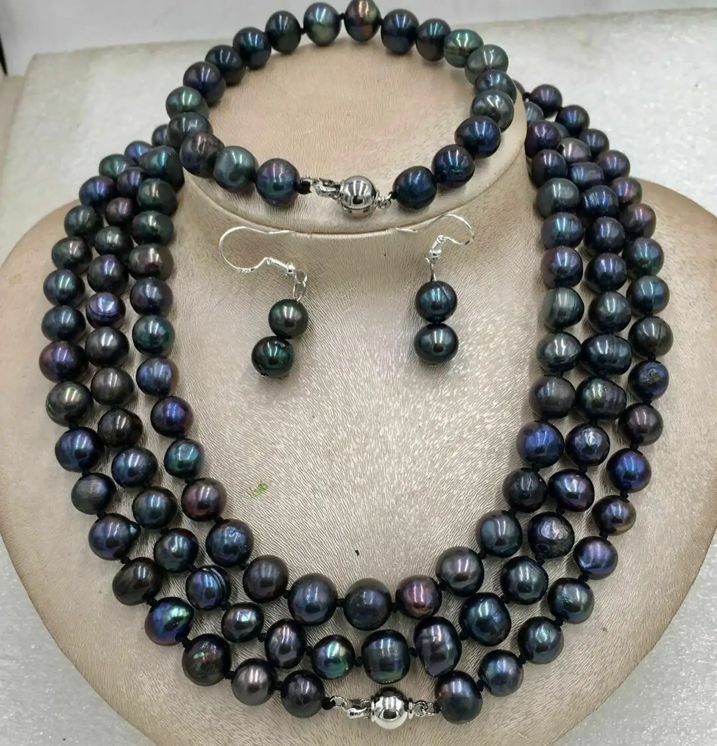 New 48inch 9-10MM TAHITIAN NATURAL BLACK PEARL NECKLACE Bracelet Earring