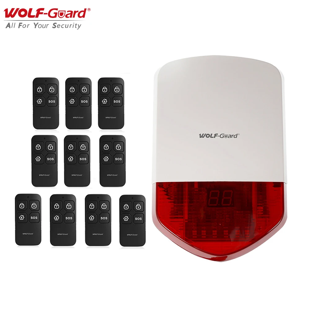 

Wolf-Guard Wireless Outdoor Alarm Siren 110dB Home Security Alarm Burglar System Host Kit with 10 Remote Controller 433MHz