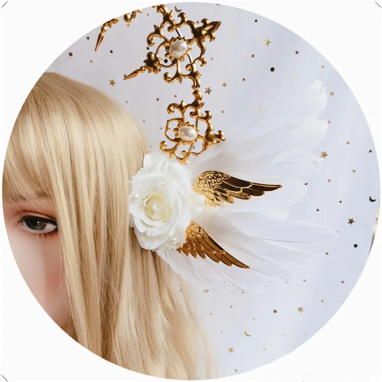 Lolita Sun Godmother's Crown copricapo KC Gothic White Rose Angel Wings Virgin Mary Bead Chain barocco Tiara accessori per capelli