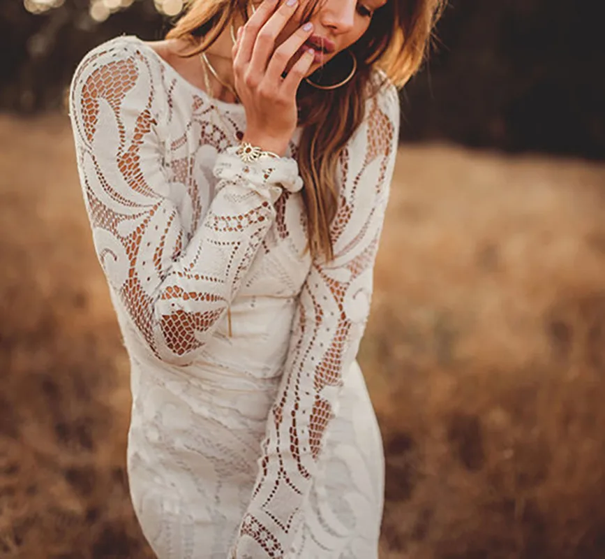 Vestidos De novia De sirena bohemios, elegantes, De encaje, mangas largas, cola De barrido, espalda abierta, largo hasta el suelo, vestido De novia campestre