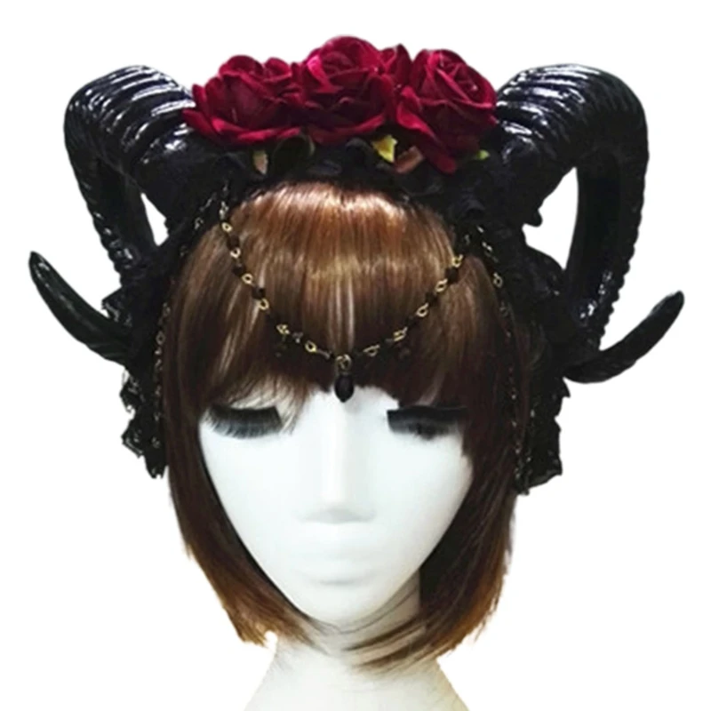 

Mystical Womens Sheep Horn Headband 3 Rose Flower Jewelry Pendant Chain Hair Hoop Vampire Demon Gothic Cosplay Headpiece