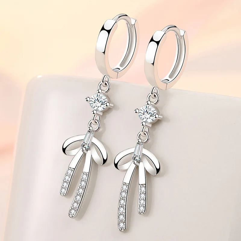 KOFSAC Beautiful Zircon Bowknot Tassel Earrings For Women 925 Sterling Silver Earring Jewelry Cute Valentine's Day Accessories