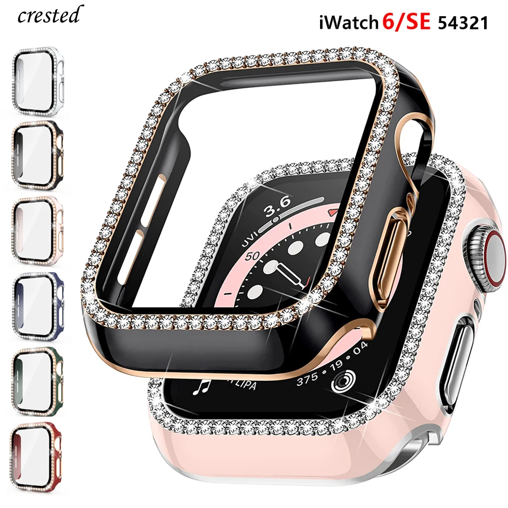 Bling Glass+Cover For Apple Watch case 45mm 41mm 40mm 44mm 42mm 38mm Diamond bumper+Screen Protector iWatch Series 9 SE 8 7 6 5