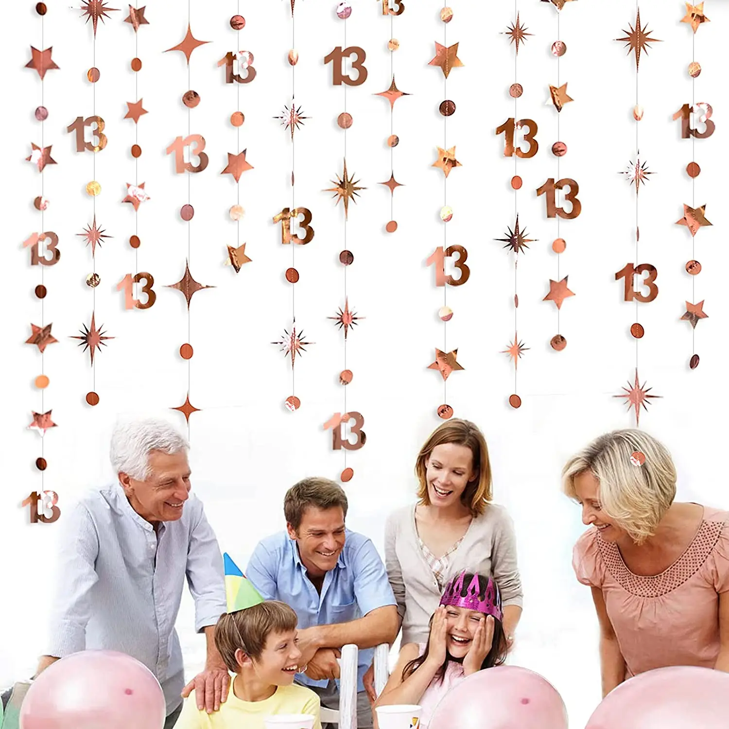 13Ft Rose Gold Girls 13th Birthday Decorations Number 13 Circle Dots Twinkle Star Garlands Backdrop for 13 Year Old Party Decor