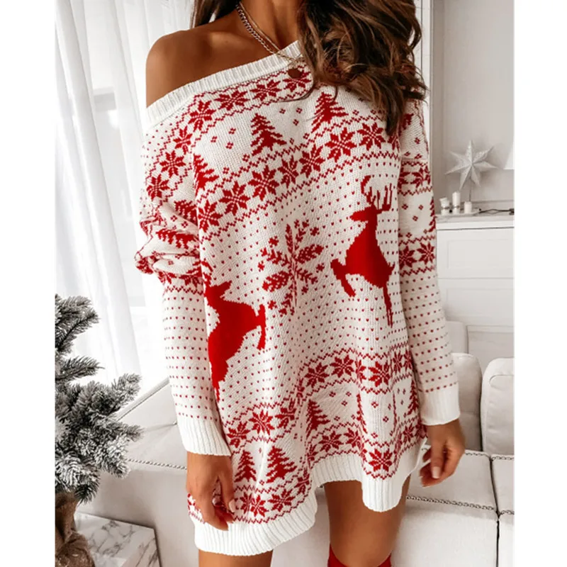 Women Christmas Sweater Dress Autumn Winter Long Sleeve Off Shoulder Kniteed Casual Pullover Oversized Fashion Jumper New