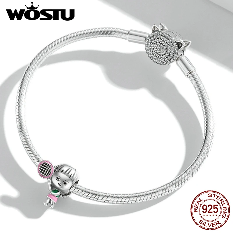 WOSTU 925 Sterling Silver Tennis Girl Fitness Sport Barbell Charm Beads Fit for DIY Pendant Necklace Orignal Bracelets FIC2052