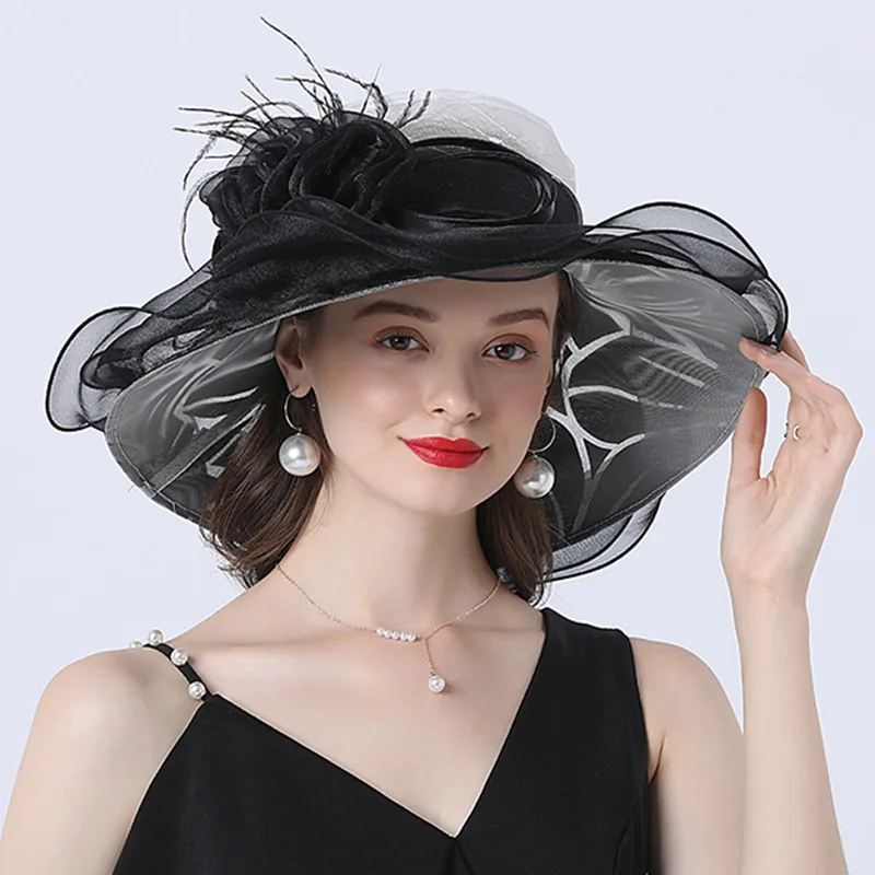 Women Summer Church Hat Organza Wide Brim Sun Hat Ladeis Fascinator Hat for Kentucky Derby Wedding Bridal Hat Dress Party Hat