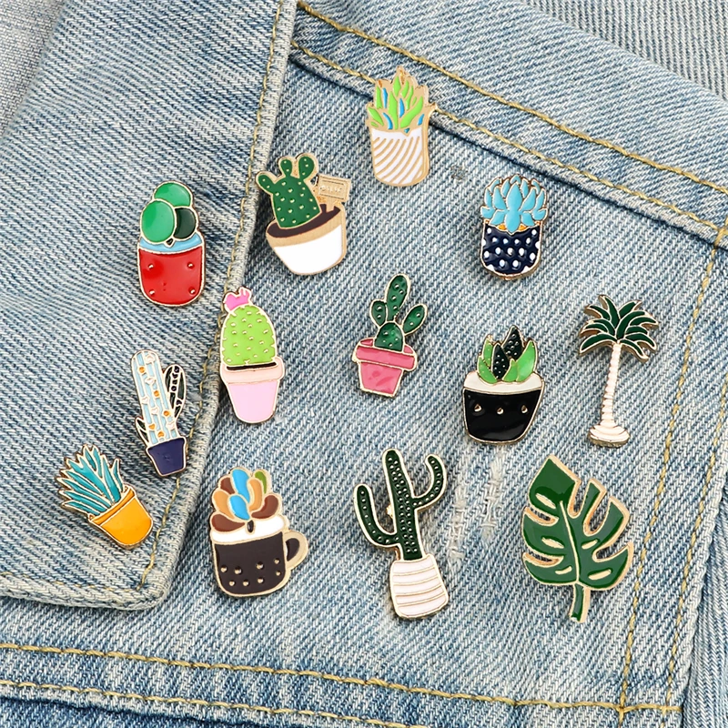 Cartoon Grün Pflanzen Broschen Bonsai Kaktus Baum Abzeichen Mode Schöne Emaille Pins Denim Jacken Revers Schmuck Für Frauen Freunde