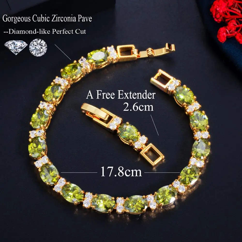 Pera Brand Design Olive Green CZ Zircon Yellow Gold Color Round Link Bracelets for Women Luxury Wedding Party Femme Jewelry B180