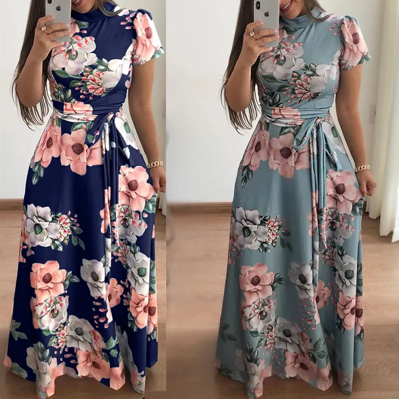 Fashion Boho High Neck Belt Floor Dress Women 2023 Autumn Short/Long Floral Maixi Dress Elegant Party Dresses Plus Size Vestidos