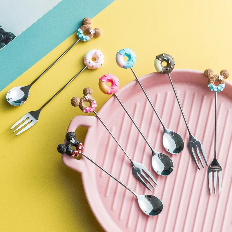 Cute Mickey Doughnut salt Spoon Fork Stainless Steel Chic Coffee Dessert Ice Cream Tea Spoons Forks Stirring keuken accesoires