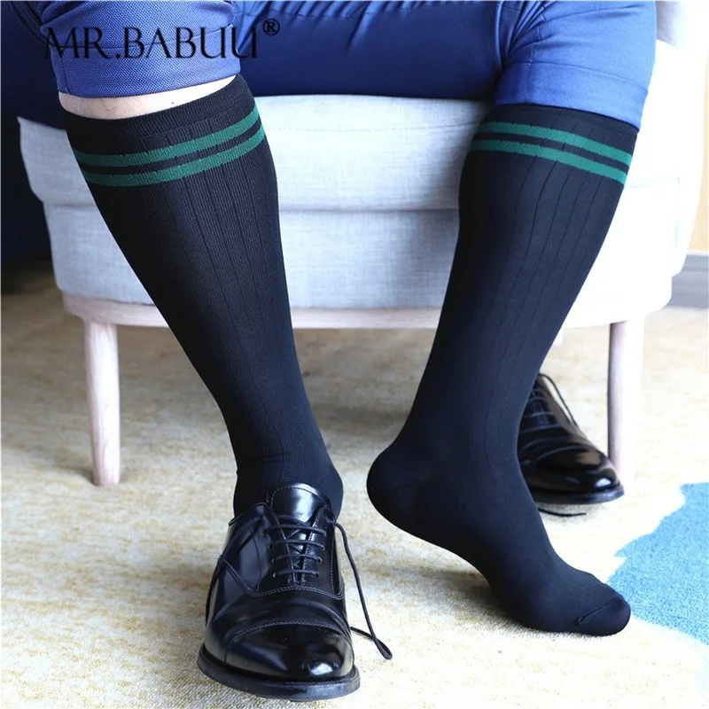 Autumn and winter seasons in the long tube black wide striped green double ring men's formal business thin cotton socks for men