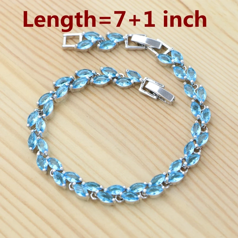 Geometric Jewelry Set 925 Silver Jewelry Sky Blue Cubic Zirconia Earrings Ring Pendant Chain Bracelet Bridal Gift