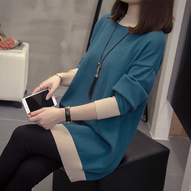 

822 Autumn Mid-length Sweater Women Fashion Basic O-Neck Long Sleeves Loose Korean Casual All-Matching Female Knitted Pullovers