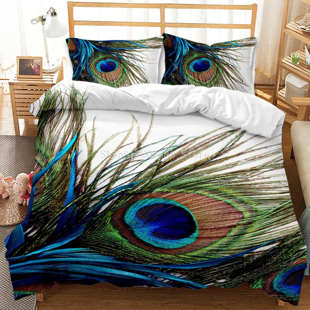 

3D Color Peacock Feather Bedding Set Winter Solstice Large Soft Twin Elephant Duvet Cover Luxury Textile Pillow Case Cartoon