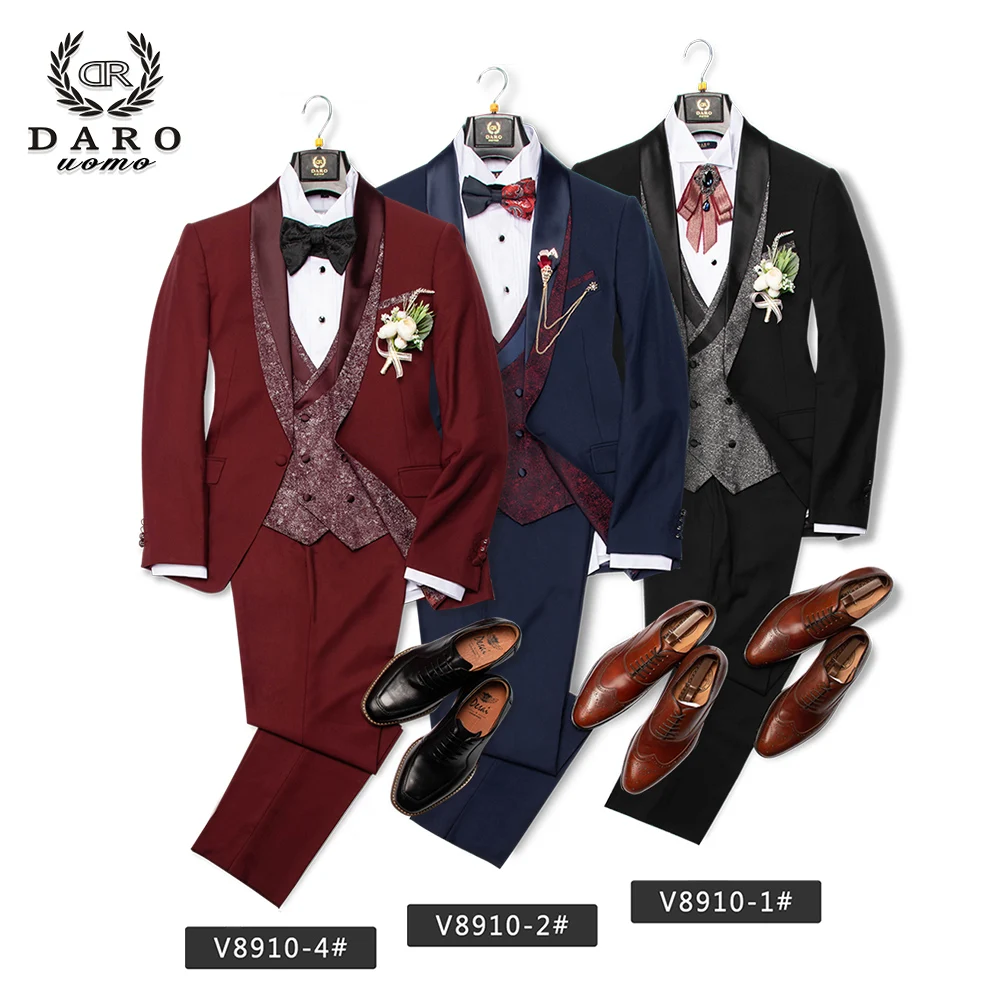 2023 DR DARO UOMO Men Suit Bridegroom Wedding Tuxedo Slim Fit Jacket Vest Pant 3 Piece Black Blue White DRV8910