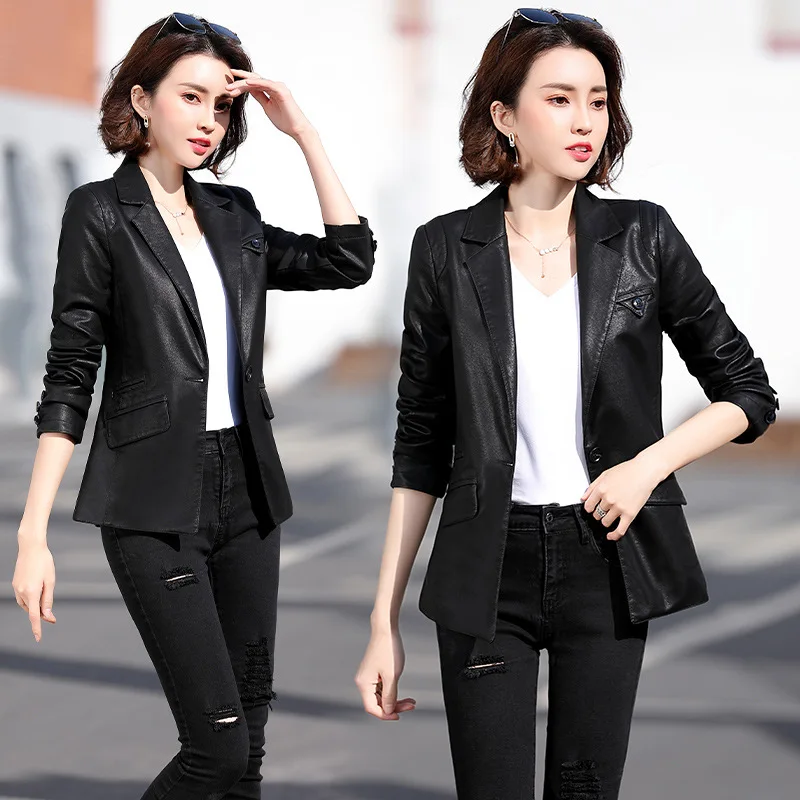 Fashion women\'s jacket spring and autumn new Korean style self-cultivation single button temperament small suit PU leather jacke