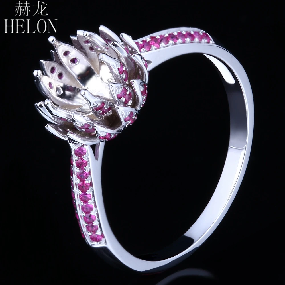 

HELON 6-6.5mm Round Cut Solid 14K White Gold Genuine Rubies Semi Mount Engagement Ring Trendy Fine Jewelry Flowers Gemstone Ring