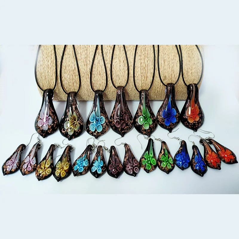 7 Sets Boho Mix Colors Fashion Grass Flower Water Drop Pendant Necklace Earrings Jewelry Set For Women Blue Yellow Green