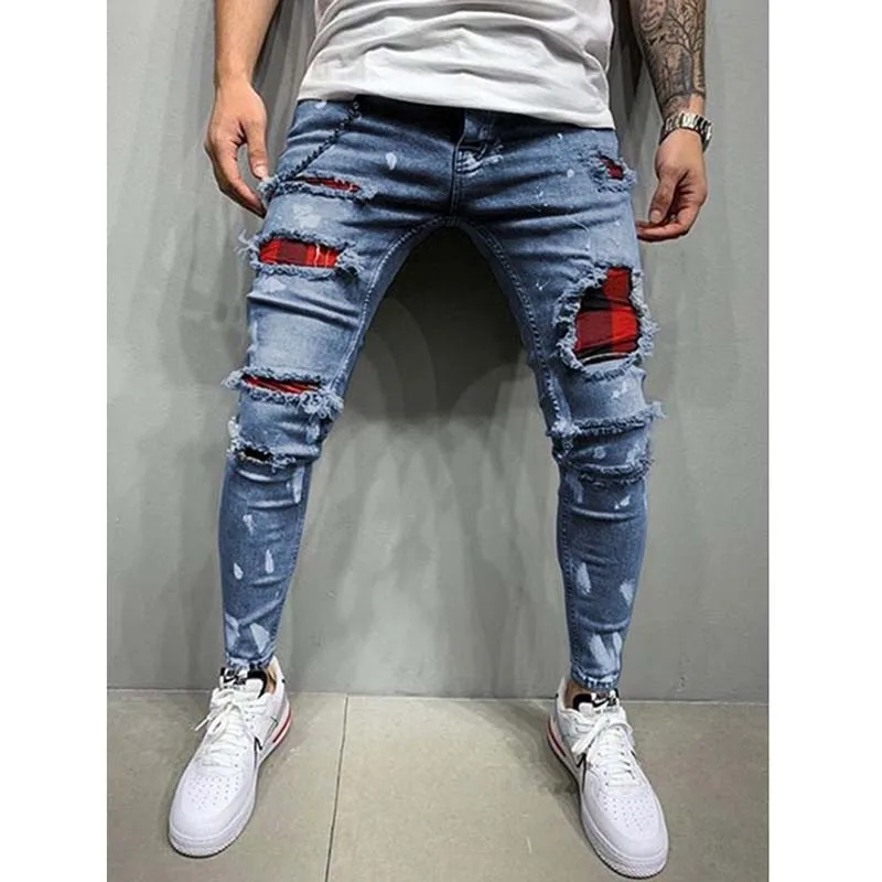 Men\'s Ripped Skinny jeans Patchwork Grid Stretch Casual Denim pencil Pants Man Fashion paint painting Jogging Trousers male