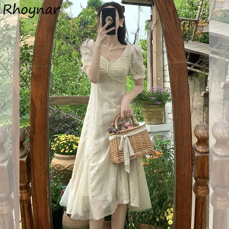 

Dress Womens Summer Elegant Lovely Folds New Vacation Leisure Female Vintage Puff Sleeve Daily Tender Simple Ulzzang Chic A-Line