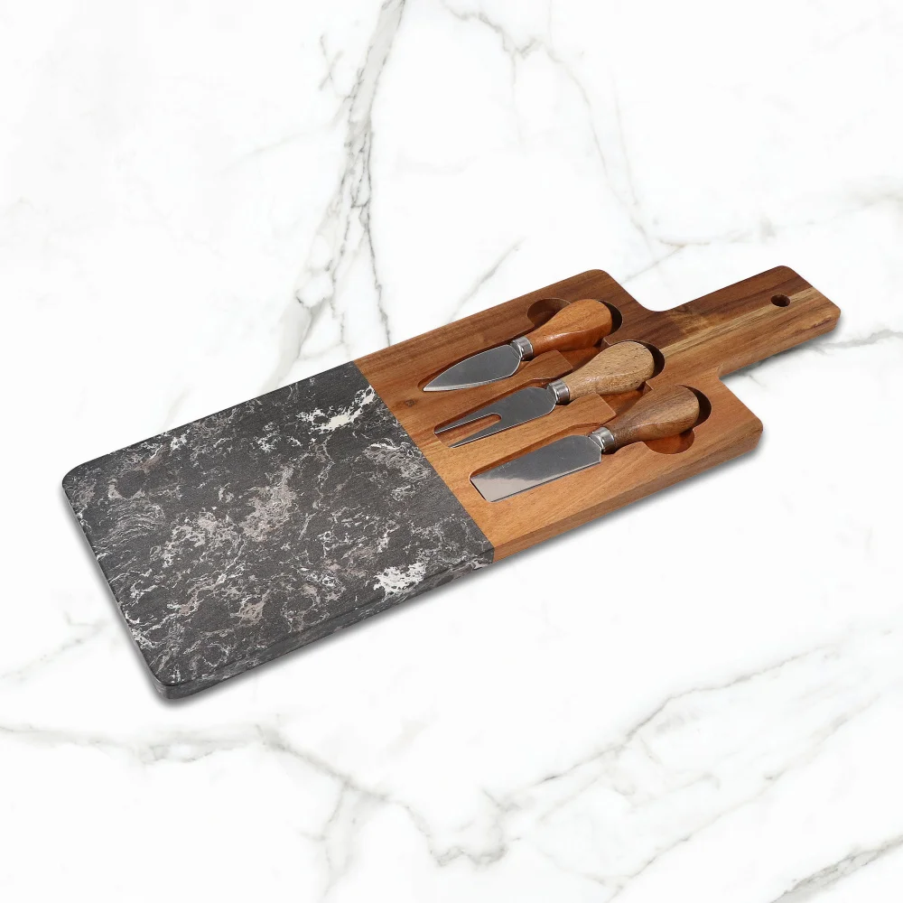 

Jaswehome Artificial Marble&Acacia Cheese Board With 3pcs Cheese Knife Set Cheese Paddle Board With Knives KIithen Tools