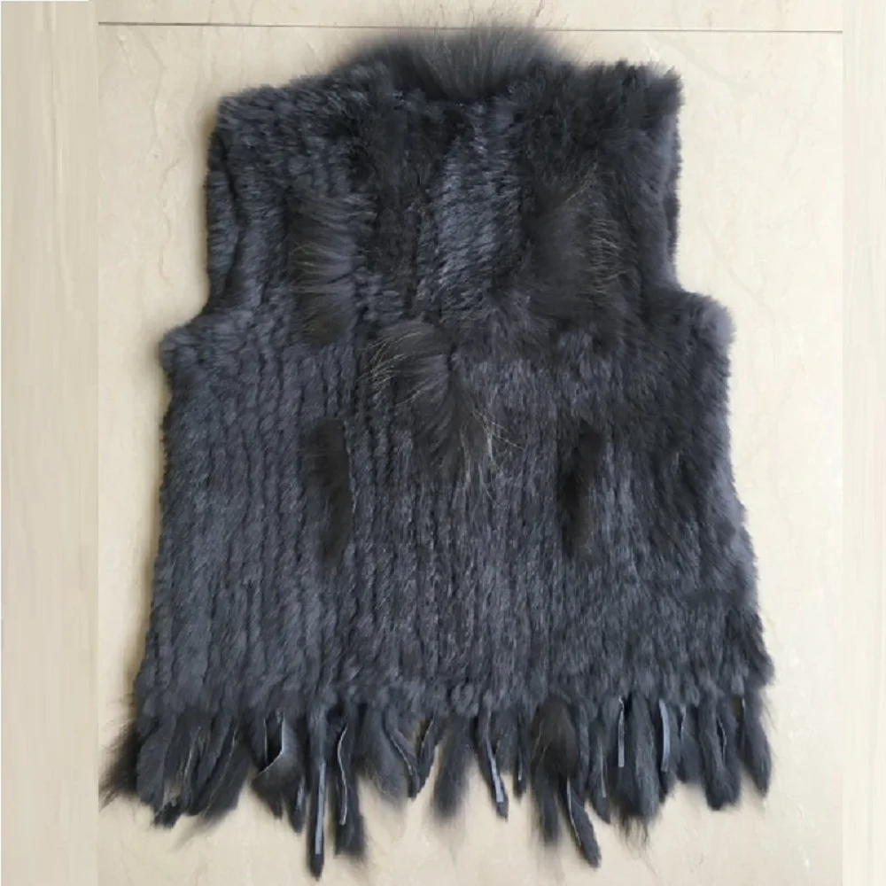 v-eck knit white vest women plus size sleeveless sweater soft raccoon dog fur collar trim natural real rabbit knitted gilet