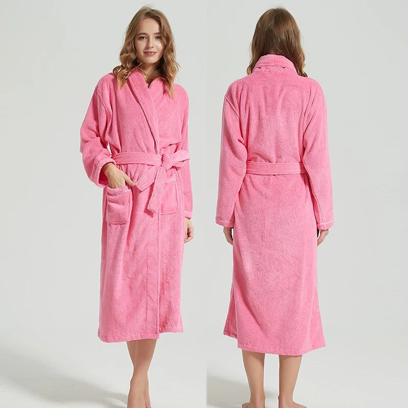 

Women Bathrobe Winter Thick Bride Robe With Belt Ladies 100% Cotton Long Hooded Bath robe Warm Towel Fleece Sleepwear Bath Gown