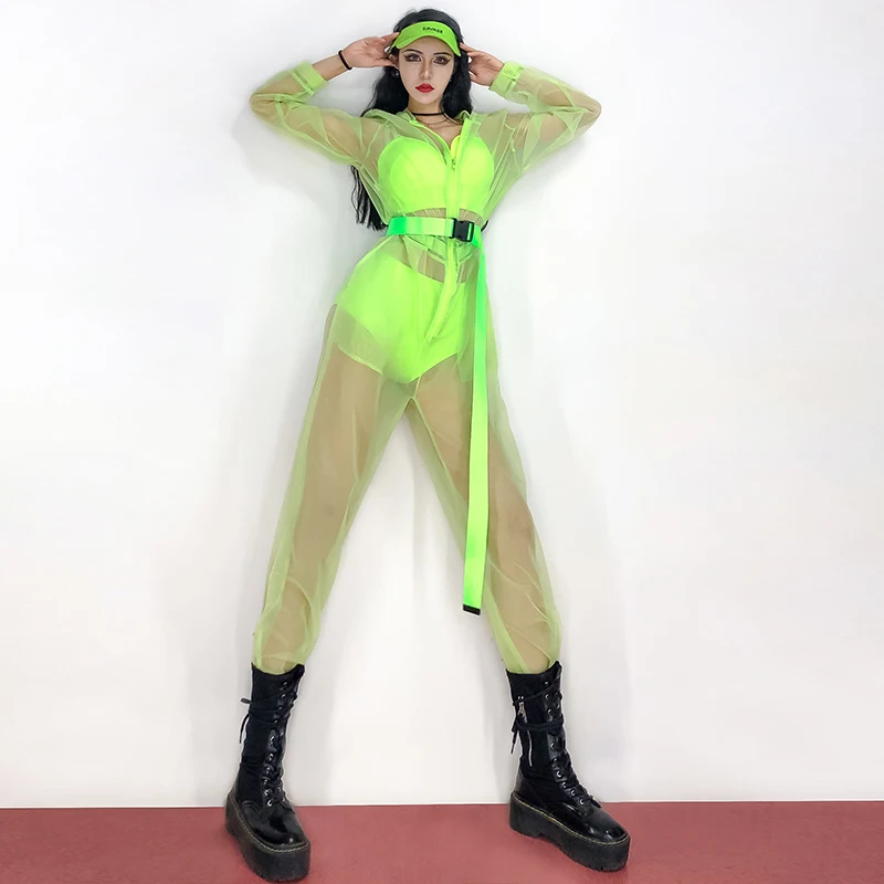 Hip Hop Dance Costumes Lady Fluorescent Green Sexy See-Through Jumpsuit Bikini Modern Jazz Dancer Outfit Street Dancewear DT2967