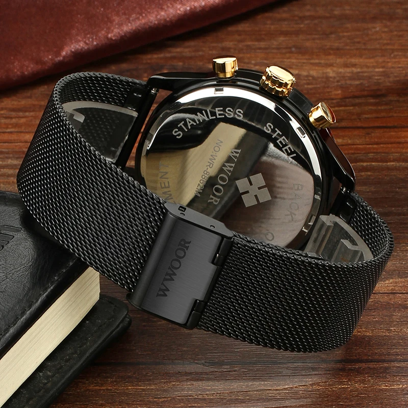 WWOOR-Reloj de pulsera multifunción para hombre, cronógrafo de cuarzo, de acero completo, a la moda, deportivo, de lujo, de negocios, resistente al agua, 2024