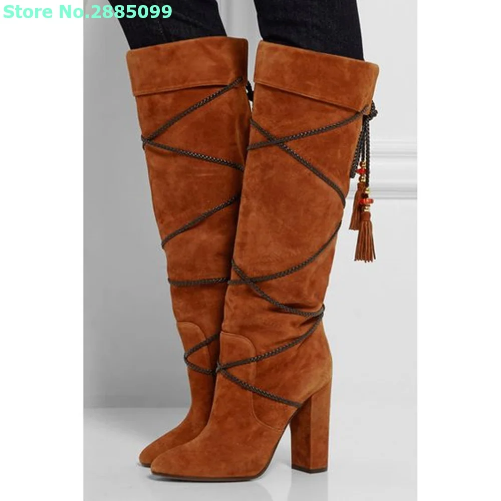 

Suede Lace Up Knee High Boots Pointed Toe Chunky High Heels Cross Tied Tassel Women Party Dress Shoes Autume Winter Boots