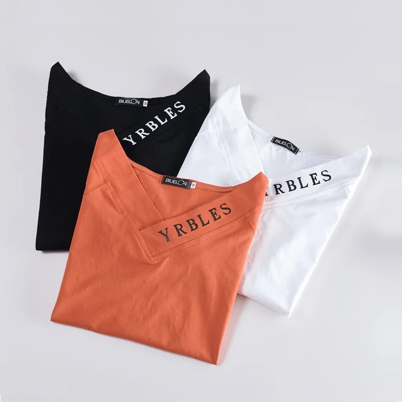 TuangBiang Spring 2023 Orange Long Sleeve V-Neck Letter Print New T-shirt Women Slim Black Tops Ladies Loose Cotton Tee Shirts