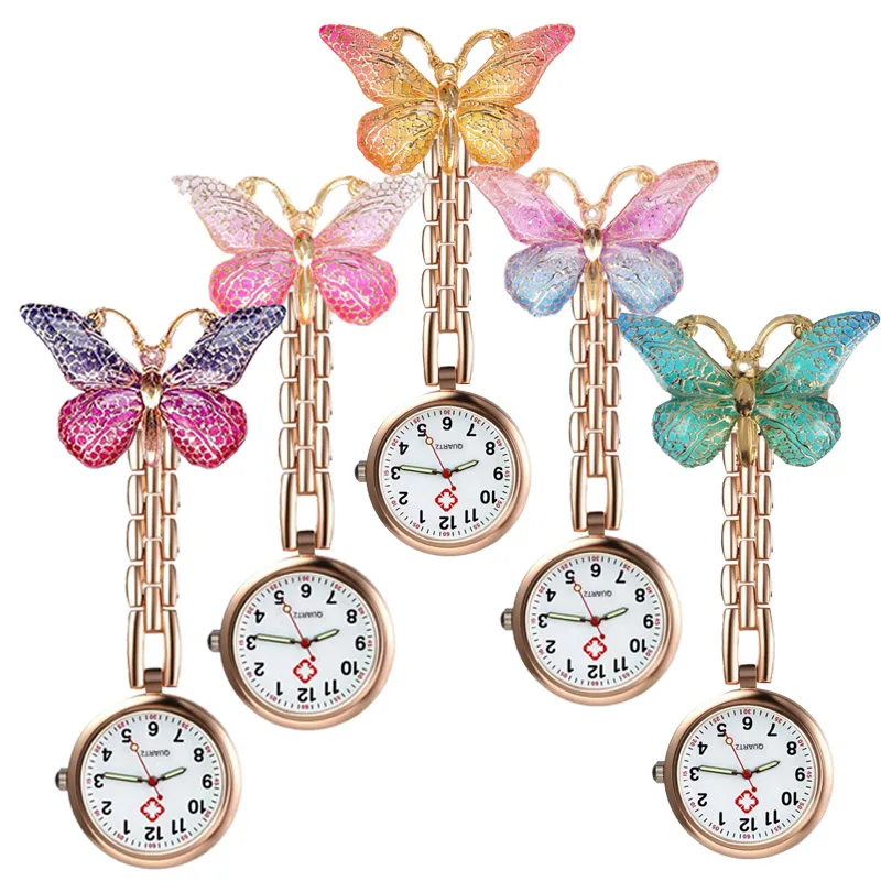 

Gradient Resin Butterfly Rose Gold Alloy Pocket Watches Nurse Doctor Hospital Medial Gift Pin Watches Clock