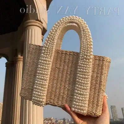 New Ladies Handbags Pearl Handle Woven Straw Bag Fashion Solid Color Women Shoulder Bag Bohemian Vacation Beach Crossbody Bag