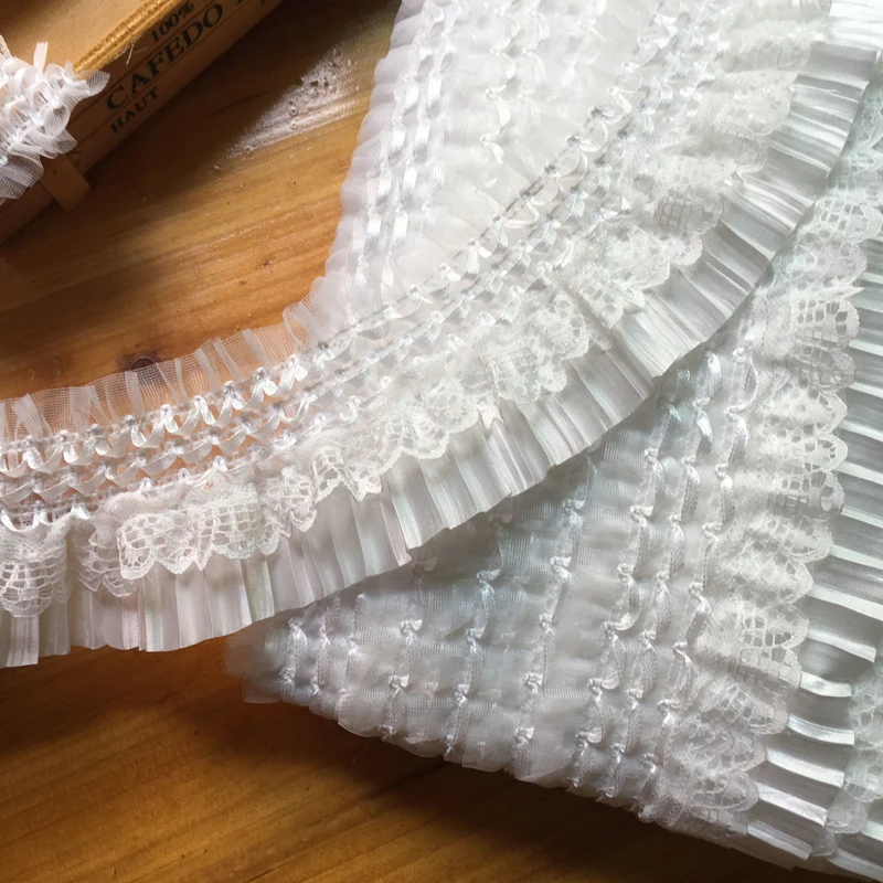 7.5CM Wide Beautiful White Black Pleated Chiffon Guipure Lace Fabric Fringe Ribbon Elastic Ruffle Trim Dress Collar Sewing Decor