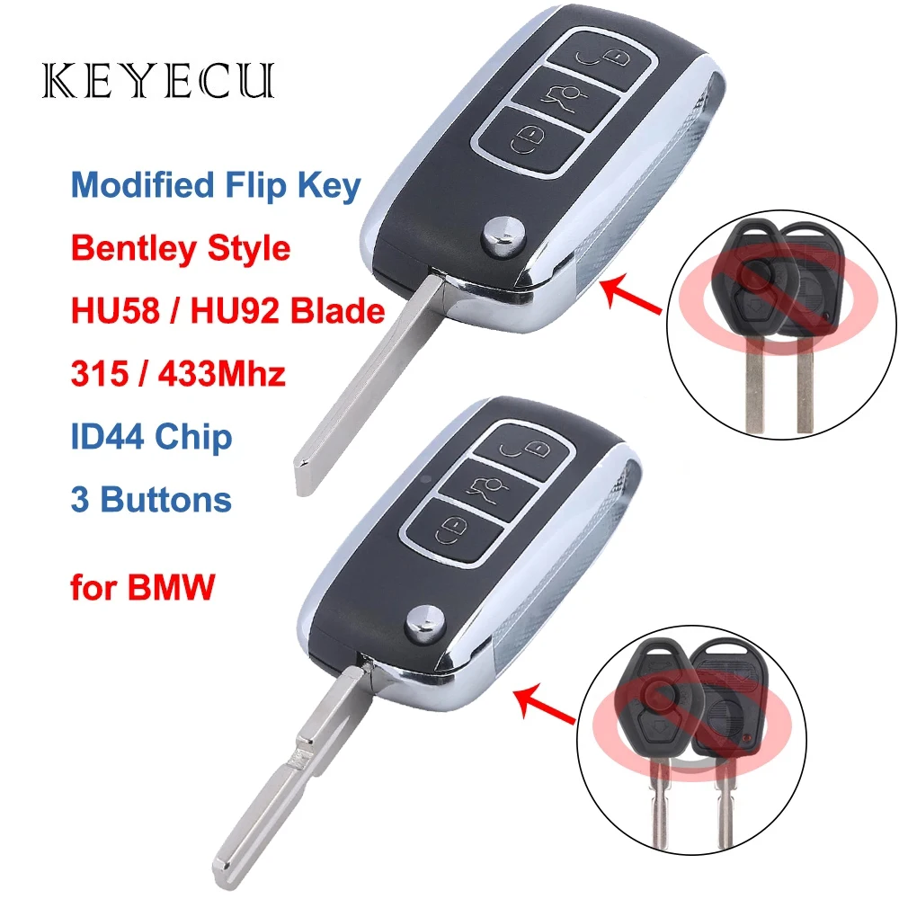 

Keyecu Bentley Style EWS Flip Remote Key Fob 3 Buttons for for BMW All Models 1995-2005 315/433MHZ ID44 Chip HU58/HU92 Blade