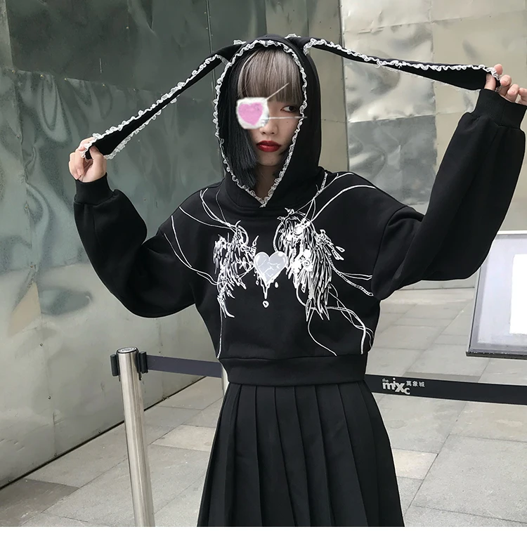 

Japanese Harajuku Bunny Ears Lace Hooded Black Sweatshirt Women's Heart Print Gothic Punk School Girls Loose Y2k Top Hoodies