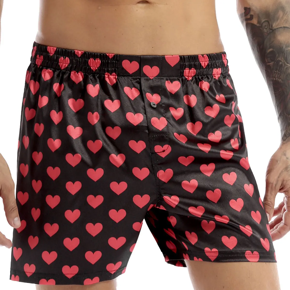 Men Boxers Shorts Pajamas Sleep Bottoms Underwear Satin Silk Summer Loose Casual Sports Short Pants Love Heart Print