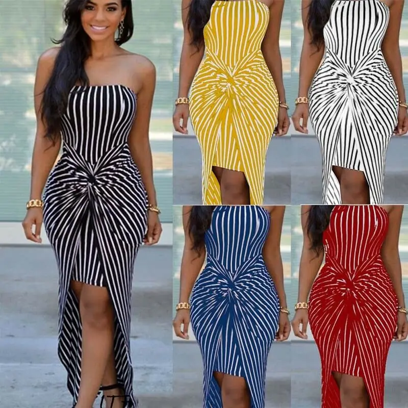 Summer Women\'s Strapless Long Maxi Dress Party Beach Stripe Tube Top Sundress